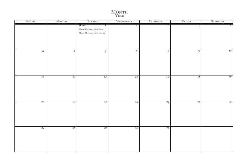 Monthly Calendar LaTeX Template