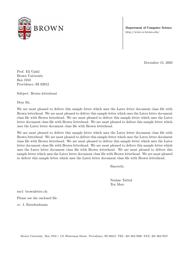 Brown University Letterhead - Example Letter