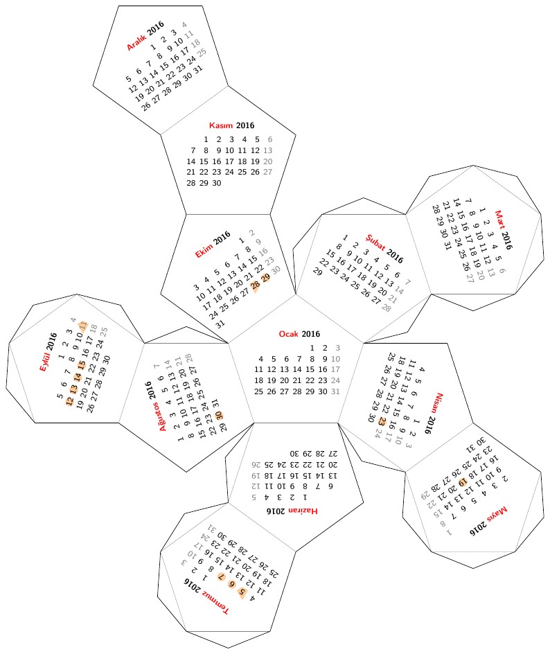 Dodecahedron desk calendar with 2016 Turkish holidays