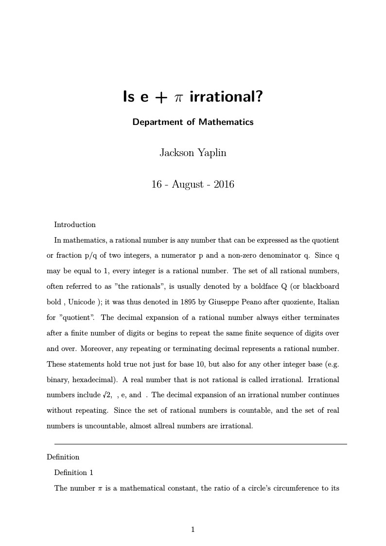 Is  e + $\pi$ irrational?