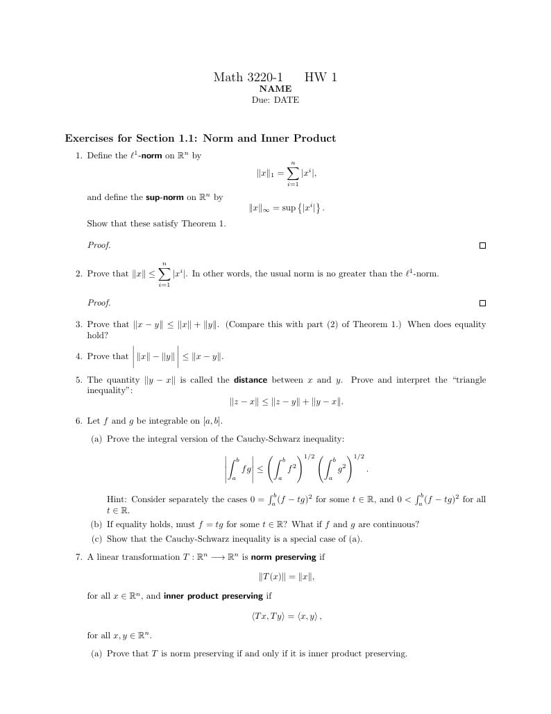 Example of math homework exercises