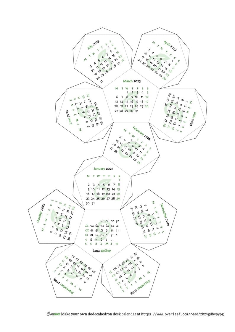 Overleaf-themed dodecahedron calendar