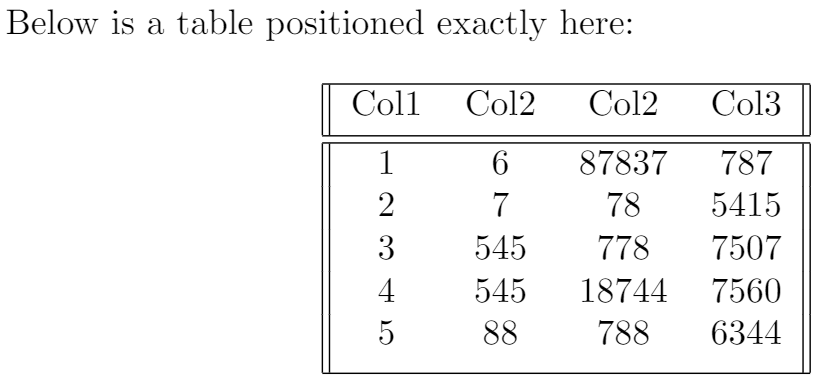 Example of positioning a table